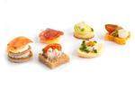  6 each of 8 varieties: Mandarin & Prune with Smoked Duck on White Bread; Artichoke & Tomato on White Bread; Prawn, Basil-flavoured Cheese & Tomato Mini Brioche; Blue Cheese (fourme d'Ambert), Pear & Fig on Special Grain Bread; Trout Roe, Smoked Trout & C