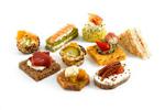 5 each of 9 varieties; Blini with Cheese, Smoked Salmon And Lemon x 5, Cheese with Basil And Prawn On Spinach Bread x 5, Cheese with Horseradish And Crayfish On Lemon Basil Cake x 5, Bresaola, Cheese With Mustard And Honey, Sesame Seeds On Special Grain B