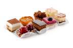 Orange Mikado squares, blood orange hexagons, raspberry gianduja tartlets, apple blackcurrant squares, apricot tartlets, coffee chocolate rectangles, raspberry coco tartlets & coffee squares; 7 of each variety