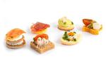  6 each of 8 varieties: Mandarin & Prune with Smoked Duck on White Bread; Artichoke & Tomato on White Bread; Prawn, Basil-flavoured Cheese & Tomato Mini Brioche; Blue Cheese (fourme d'Ambert), Pear & Fig on Special Grain Bread; Trout Roe, Smoked Trout & C